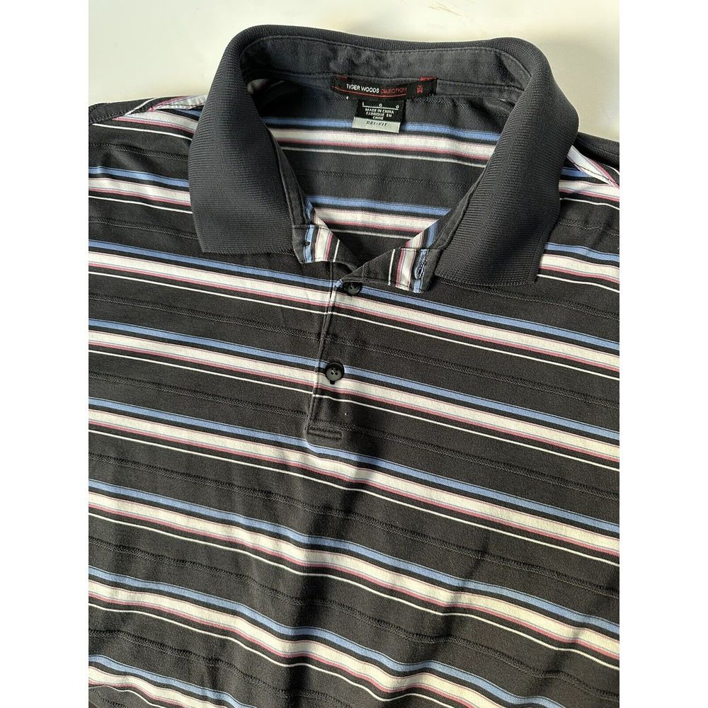 Tiger Woods Collection Nike Golf Mens L‎ Black Strip Dri-Fit Collar Polo Large
